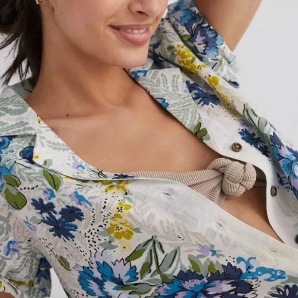 Anthropologie Printed Surf Button Down Shirt Blue Motif Size SP NWOT - Picture 2 of 13